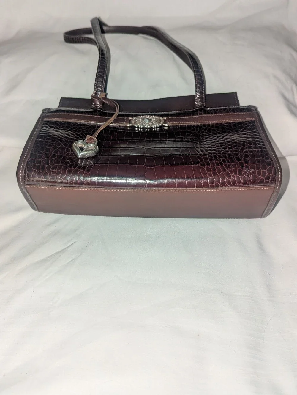Brighton Brown Croc-Embossed Satchel with Heart Charm Y2K